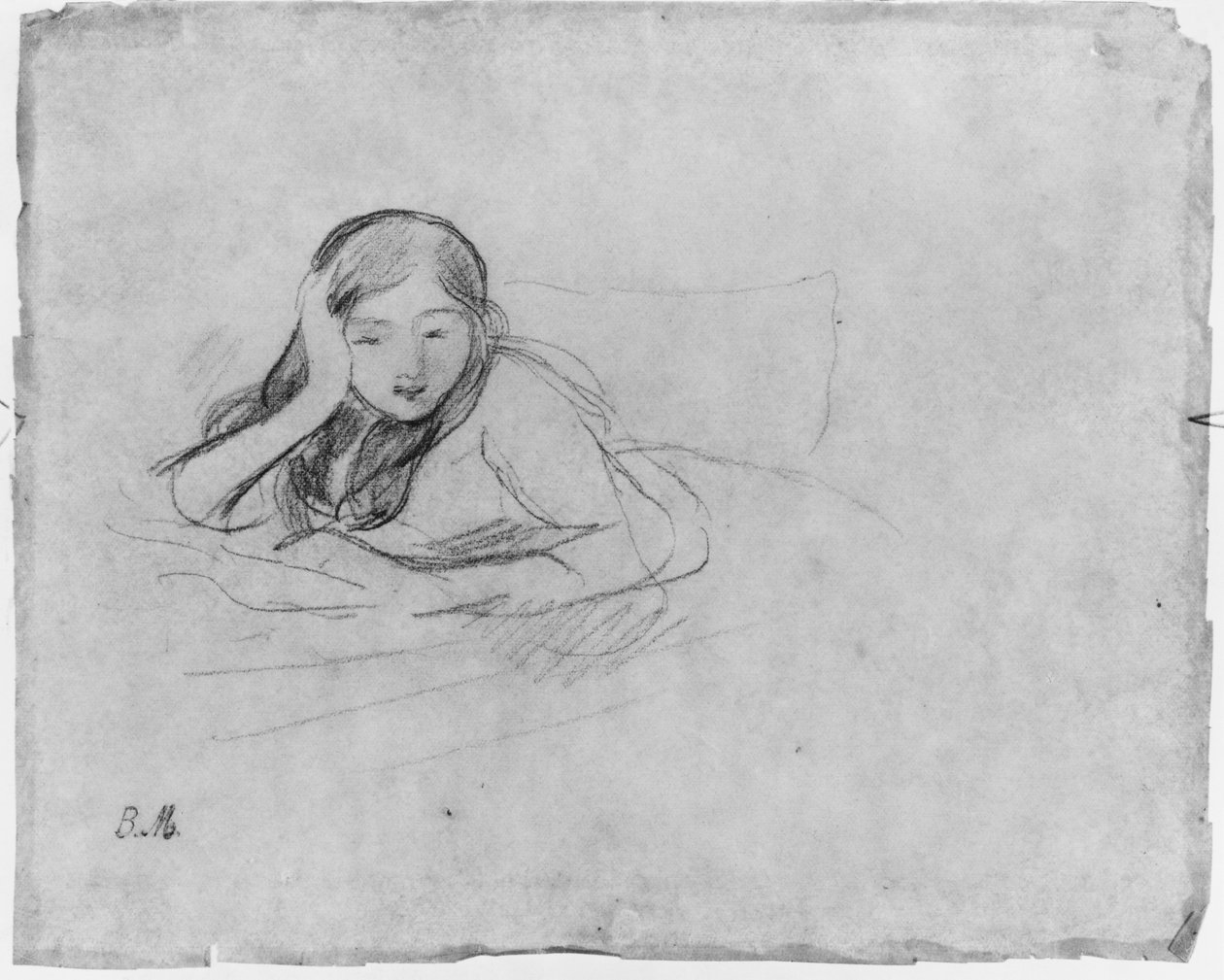 年轻女孩读书，1889年（纸上的黑铅） 作者 贝特·莫里索（Berthe Morisot）