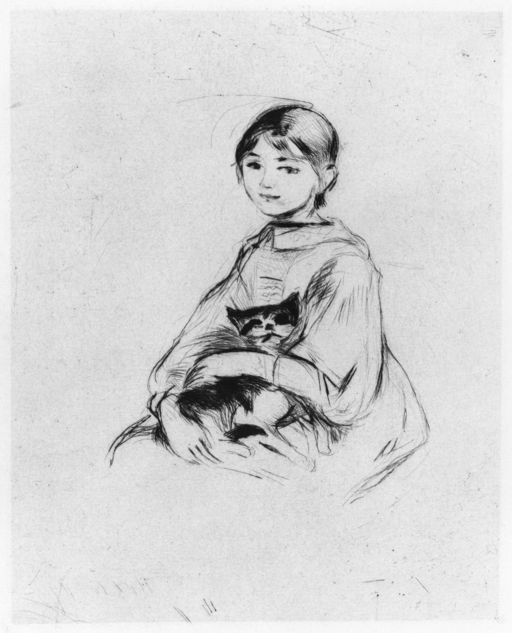 猫的年轻女孩，1889年（干点） 作者 贝特·莫里索（Berthe Morisot）
