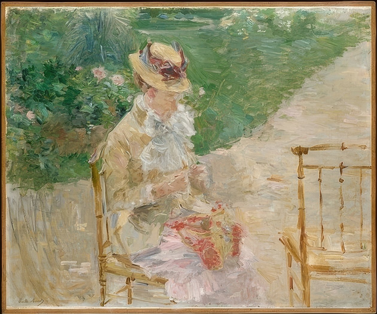 少妇编织。大约1883年 作者 贝特·莫里索（Berthe Morisot）
