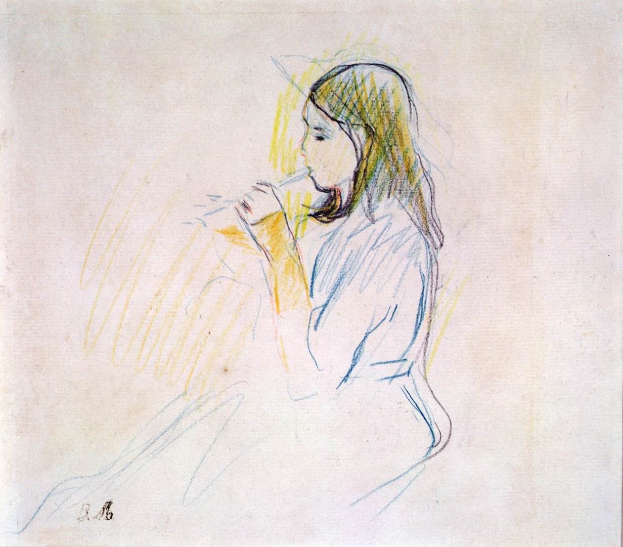 马奈的女儿在演奏木笛（纸上彩色铅笔） 作者 贝特·莫里索（Berthe Morisot）