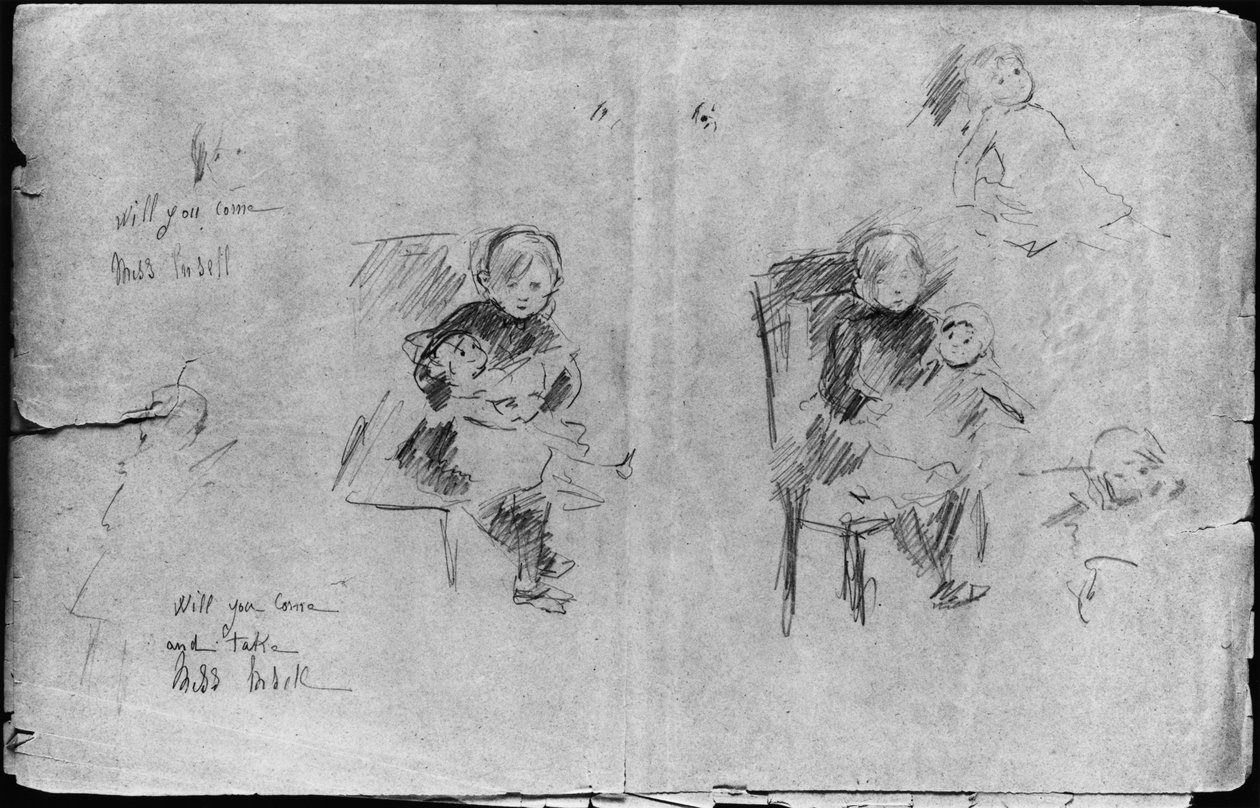 戴着娃娃的小女孩的研究，1884年（纸上的黑铅） 作者 贝特·莫里索（Berthe Morisot）