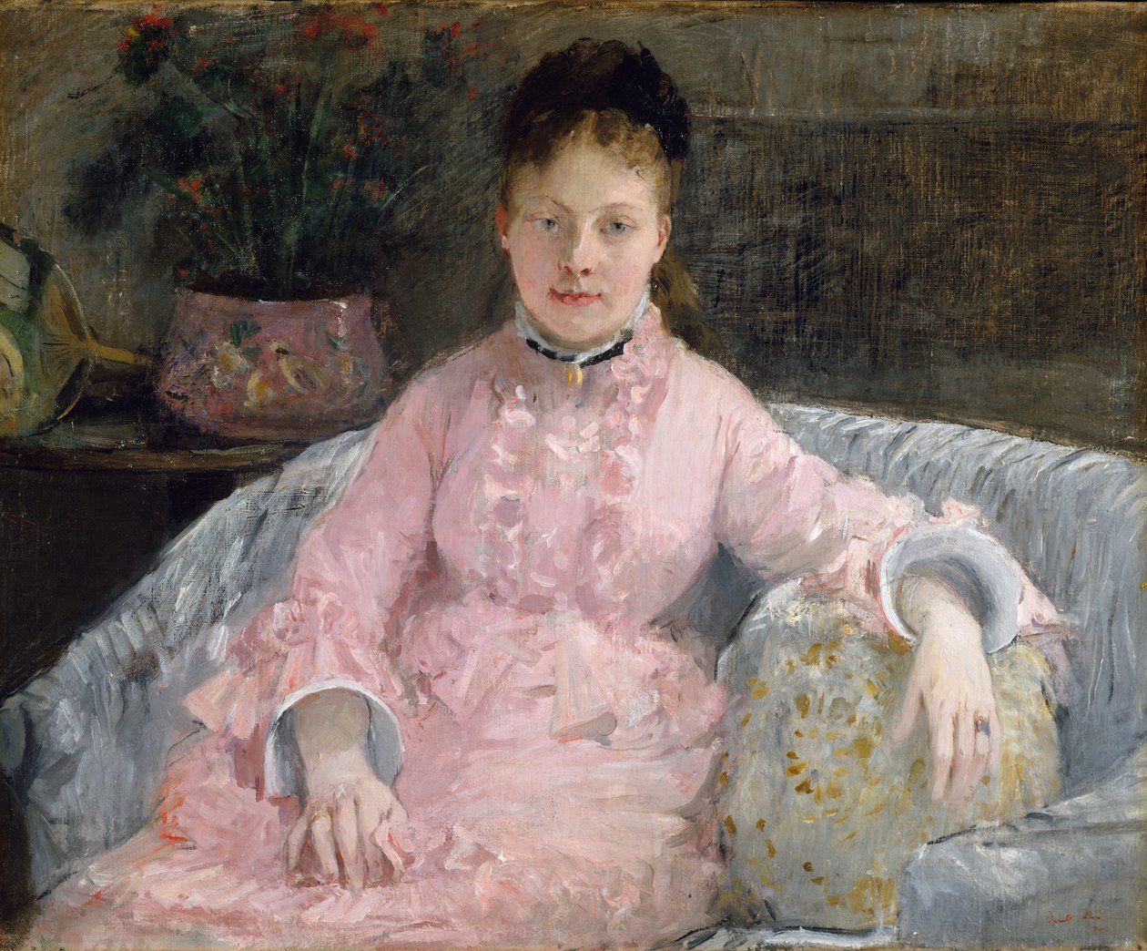 粉色连衣裙，约1870年（布面油画） 作者 贝特·莫里索（Berthe Morisot）