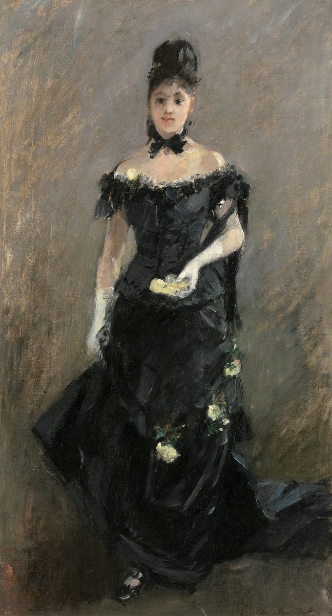 黑色或剧院之前的女人，1875年 作者 贝特·莫里索（Berthe Morisot）