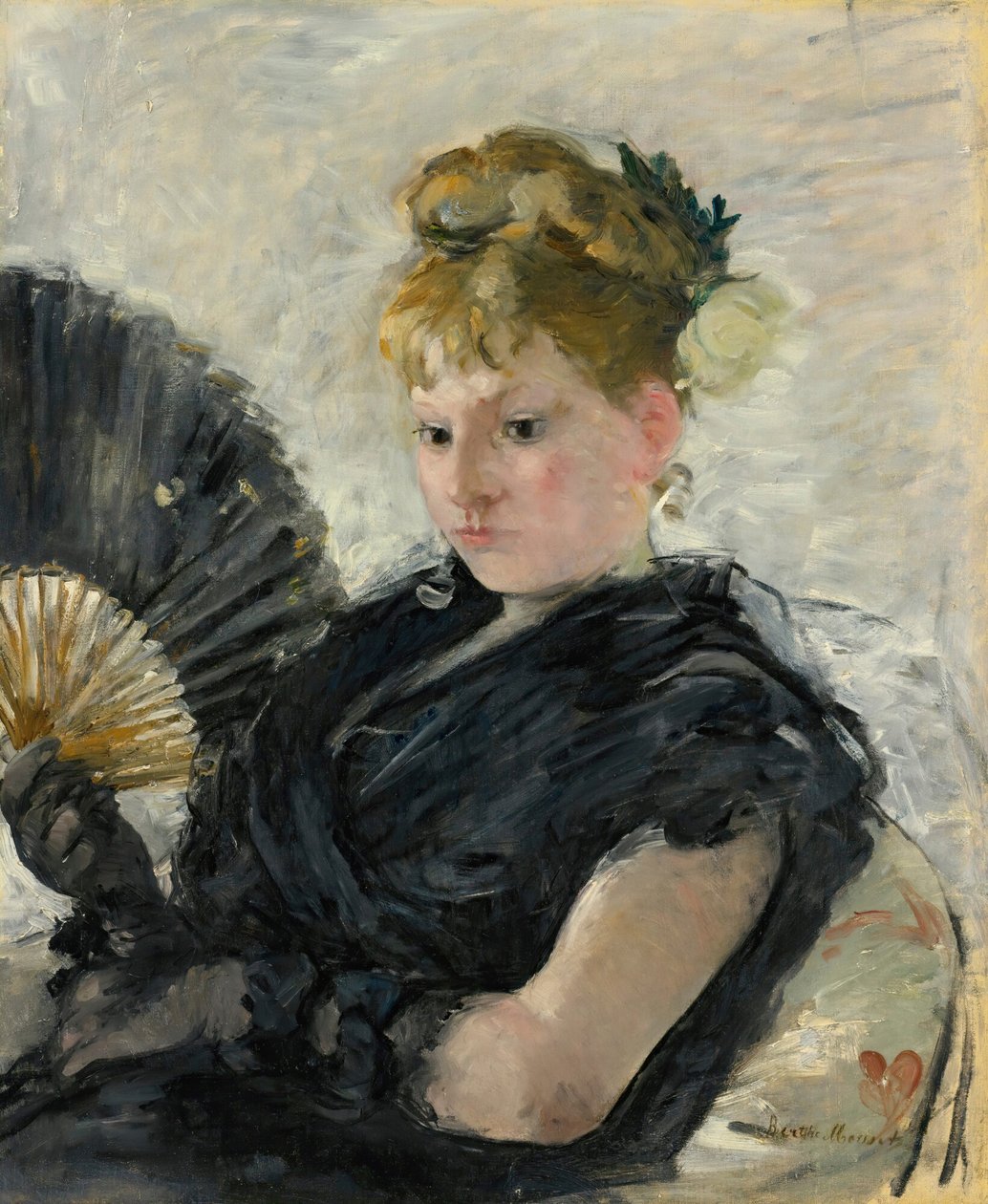 拿着扇子的女人，1876年。 作者 贝特·莫里索（Berthe Morisot）