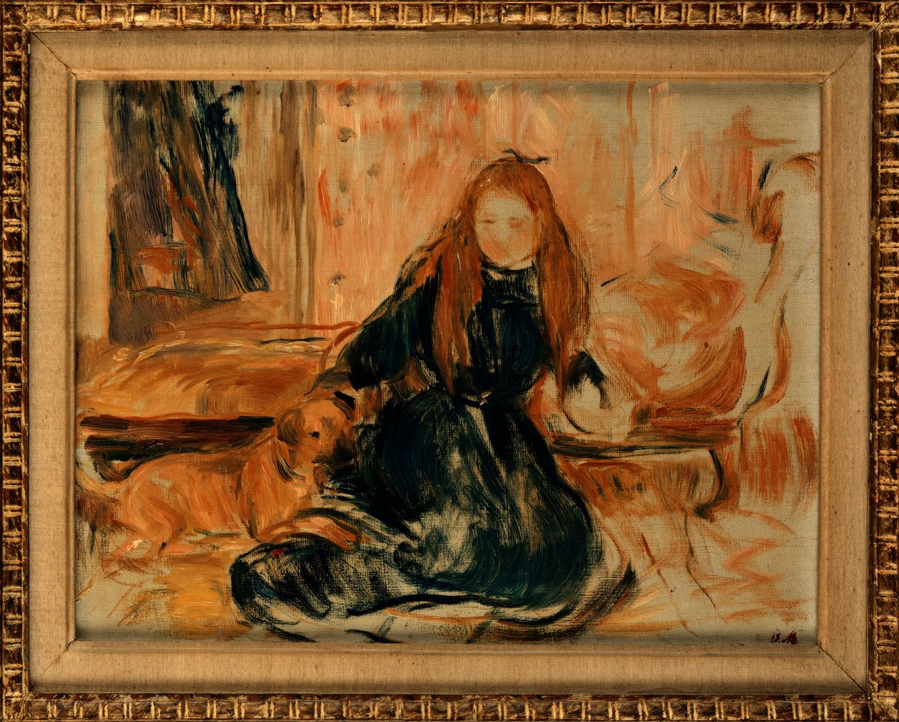 年轻的女孩和狗一起玩，1892年 作者 贝特·莫里索（Berthe Morisot）