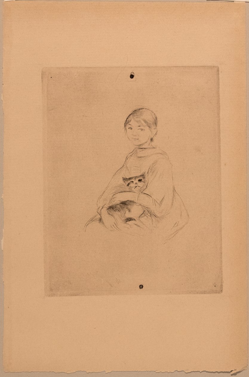 与猫在一起的少女，约 1888 年（蚀刻版画） 作者 贝特·莫里索（Berthe Morisot）