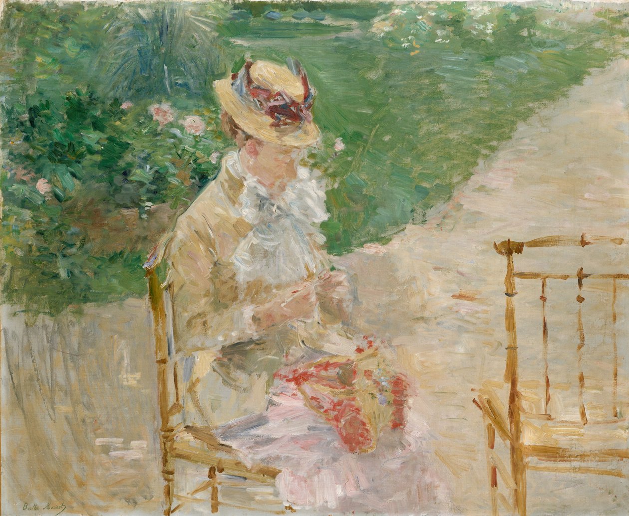 针织的年轻女子，ca。 1883年。 作者 贝特·莫里索（Berthe Morisot）