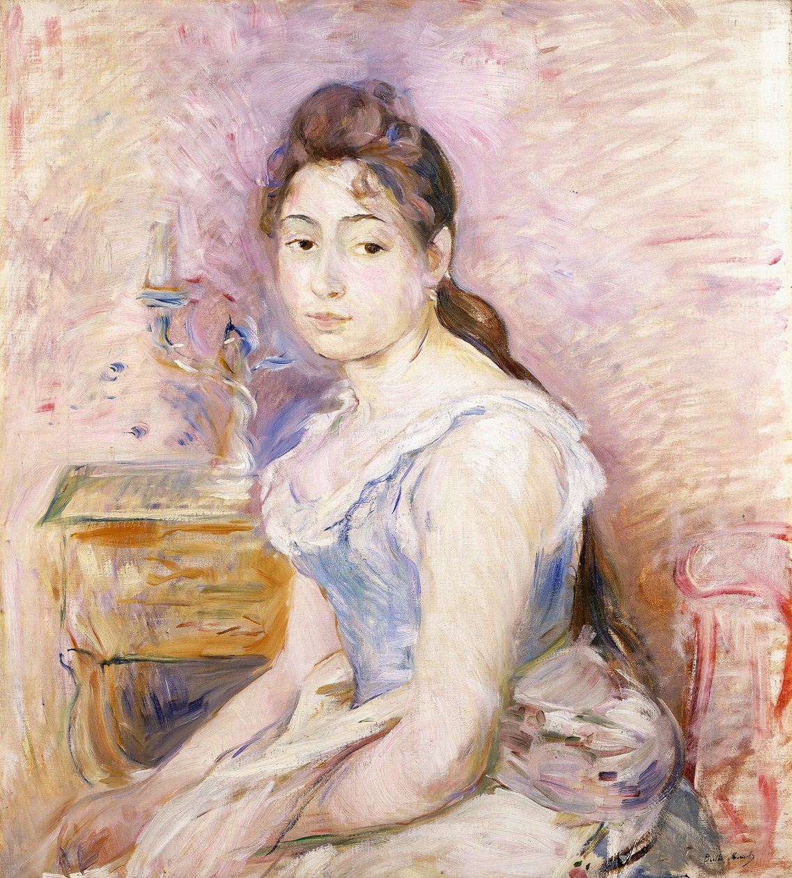蓝色紧身胸衣的少妇;蓝色紧身胸衣的年轻女孩，1891年 作者 贝特·莫里索（Berthe Morisot）