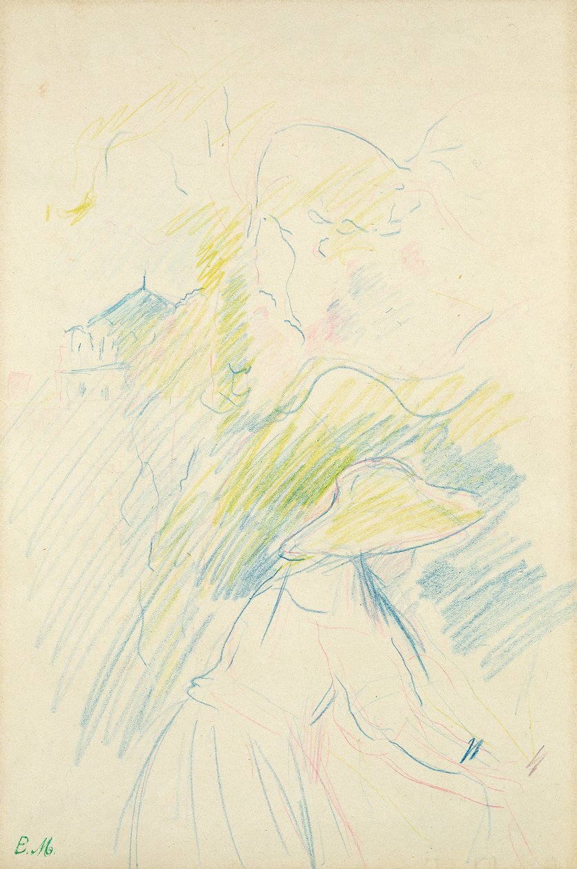 年轻的女孩在花园里，1888年（彩色铅笔在纸上） 作者 贝特·莫里索（Berthe Morisot）