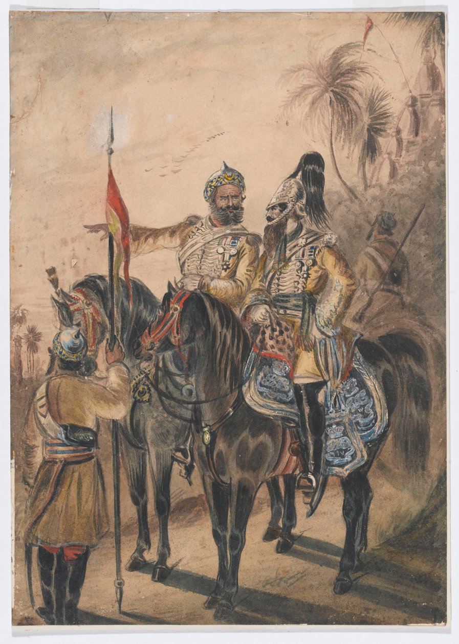 两名骑兵军官和一名下马的骑兵，第四孟加拉非正规骑兵队，约 1850 年（水彩画） 作者 白求恩唐纳德·格兰特