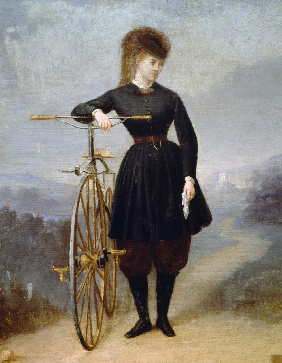 法国女演员布兰奇·德安蒂尼，玛丽·欧内斯汀·布兰奇·德安蒂尼 (1842-1874) 的笔名，带着她的脚踏车（自行车），贝蒂内绘画，布面油画 作者 贝廷特