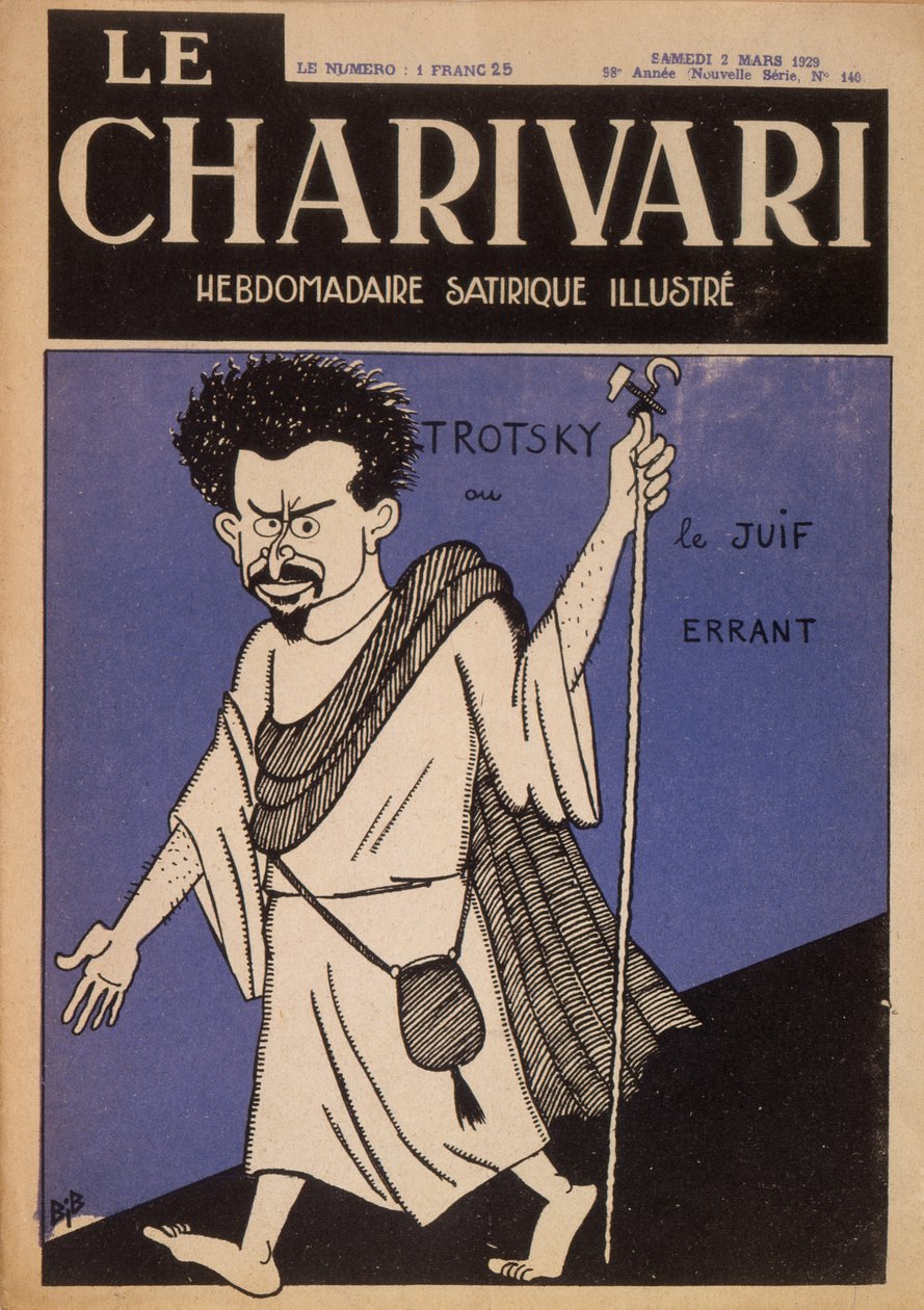 莱昂·托洛茨基（Leon Trotsky，1879-1940 年）作为流浪犹太人的漫画，《Le Charivari》杂志封面，1929 年 3 月（彩色平版印刷） 作者 围兜