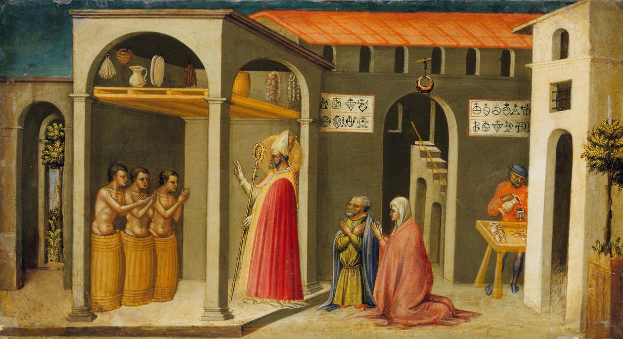 圣尼古拉斯复兴了三个年轻人，1433-35。 作者 比奇·迪·洛伦佐（Bicci di Lorenzo）