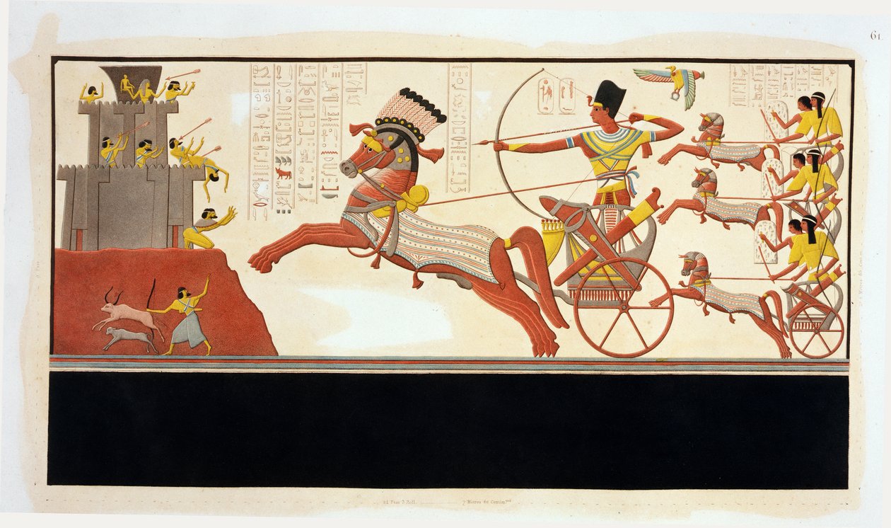 拉美西斯二世（公元前1279  -  13年）在加低斯战役中，面对赫瓦特人穆瓦塔利的军队，拉美西斯二世的壁画，阿布辛贝 作者 比甘和阿莱