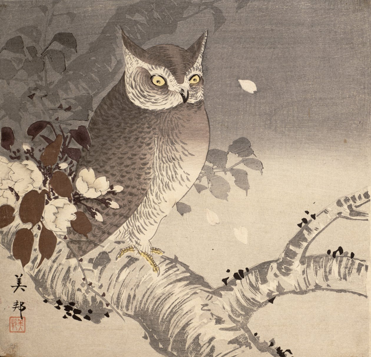 树枝上的猫头鹰 作者 Biho Takashi 或 Takahashi (b. 1873. fl 1890 1930)