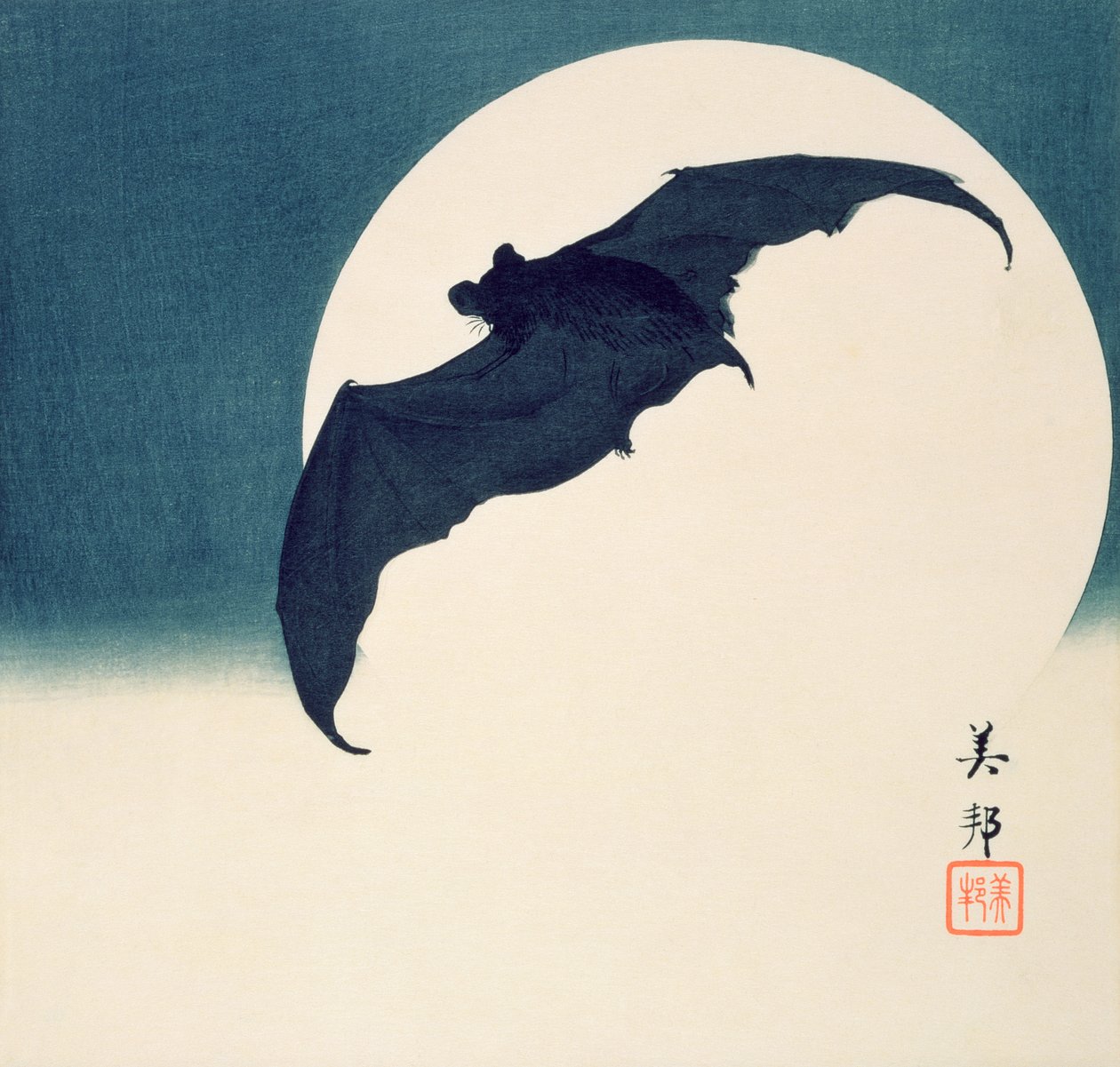 蝙蝠与满月（彩色木刻版画） 作者 Biho Takashi 或 Takahashi (b. 1873. fl 1890 1930)