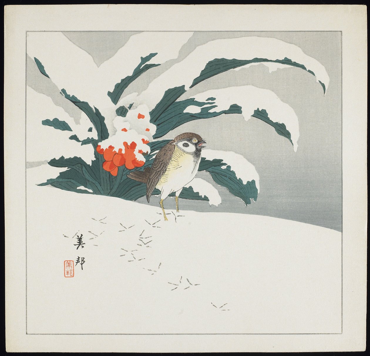 雪中鸟，20 世纪初 作者 Biho Takashi 或 Takahashi (b. 1873. fl 1890 1930)