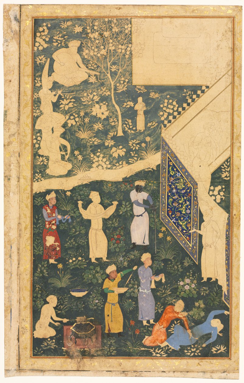 皇家营地外部的音乐家和仆人直肠，c。 1485。 作者 比哈扎德