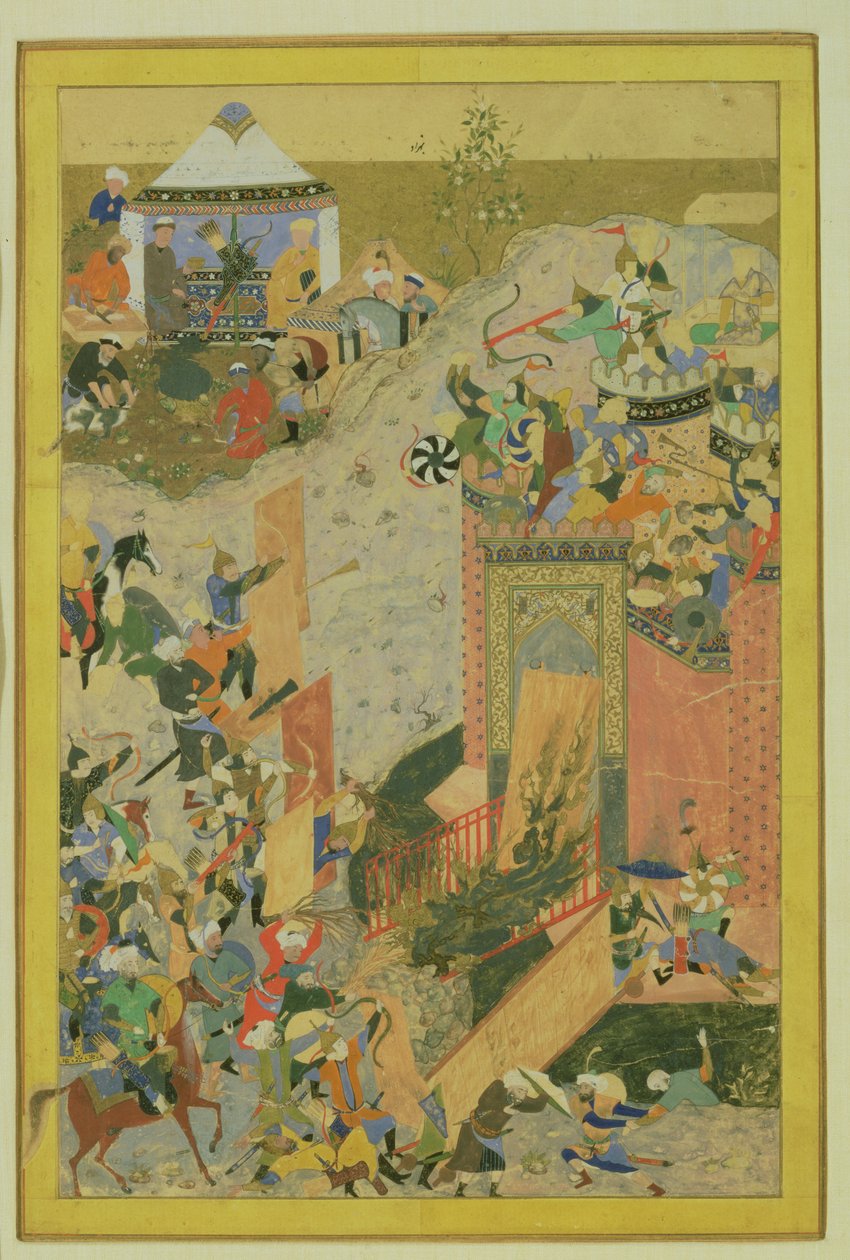 攻击城堡，波斯，帖木儿时期（1370-1506）c.1475-1500（wc和金箔在纸上） 作者 Bihzad attr。到比哈扎德·阿特尔。到