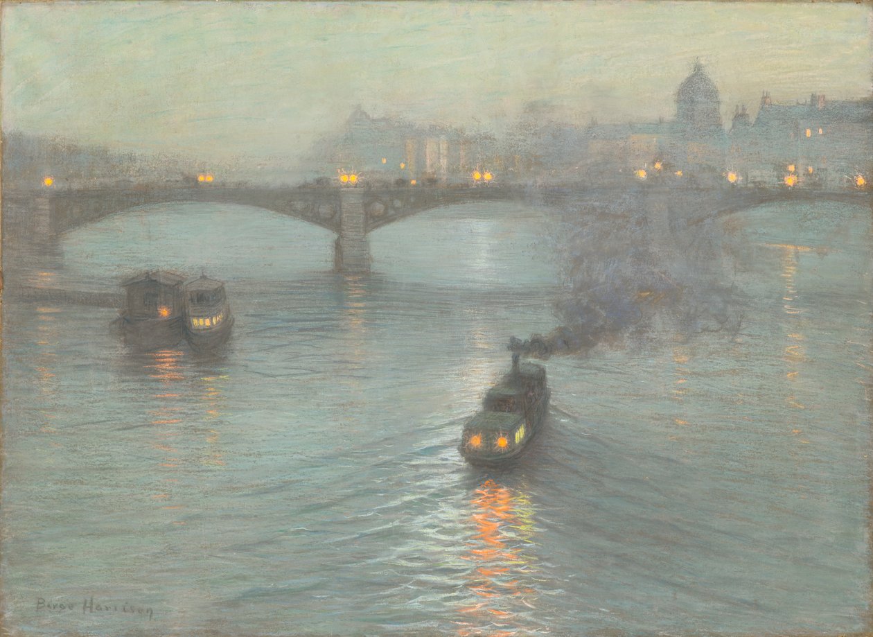 塞纳河畔的夜晚，约1888年（粉彩画在准备好的画布上）。 作者 伯奇·哈里森