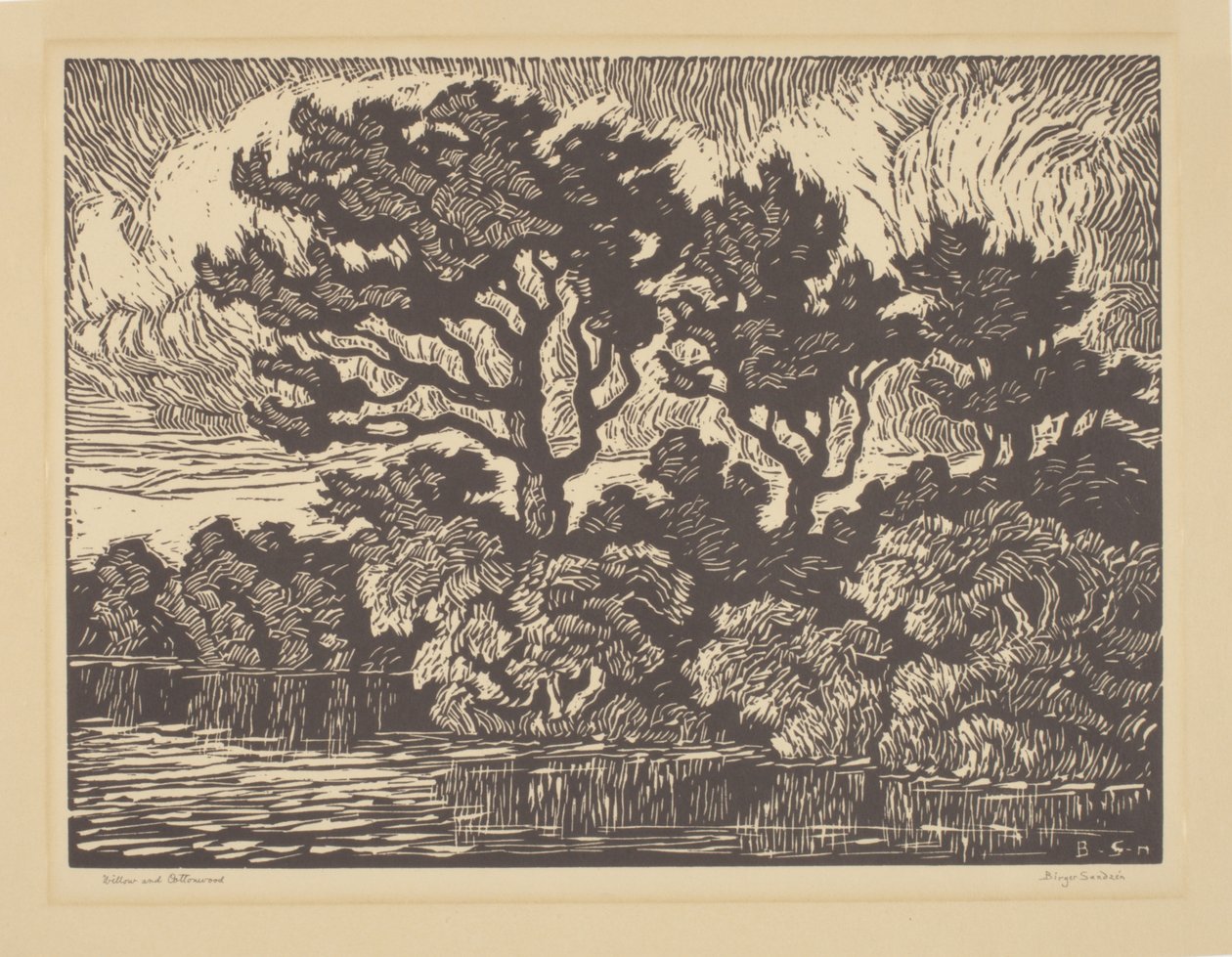 柳树和木棉，约 1931 年（油印版画） 作者 比尔格·桑德森
