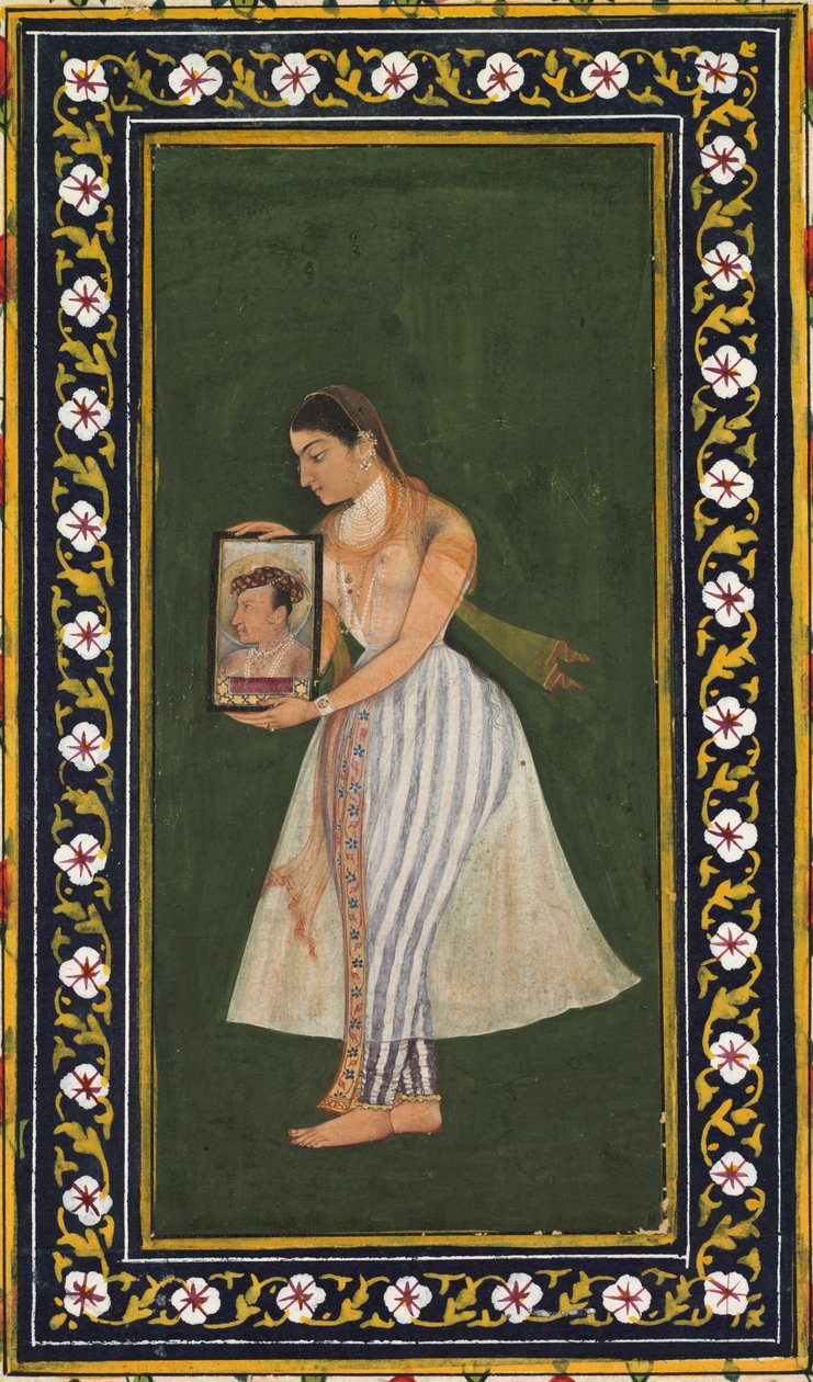 努尔·贾汉（Nur Jahan），手持贾汉吉尔皇帝的肖像c。 1627。 作者 比赞达斯