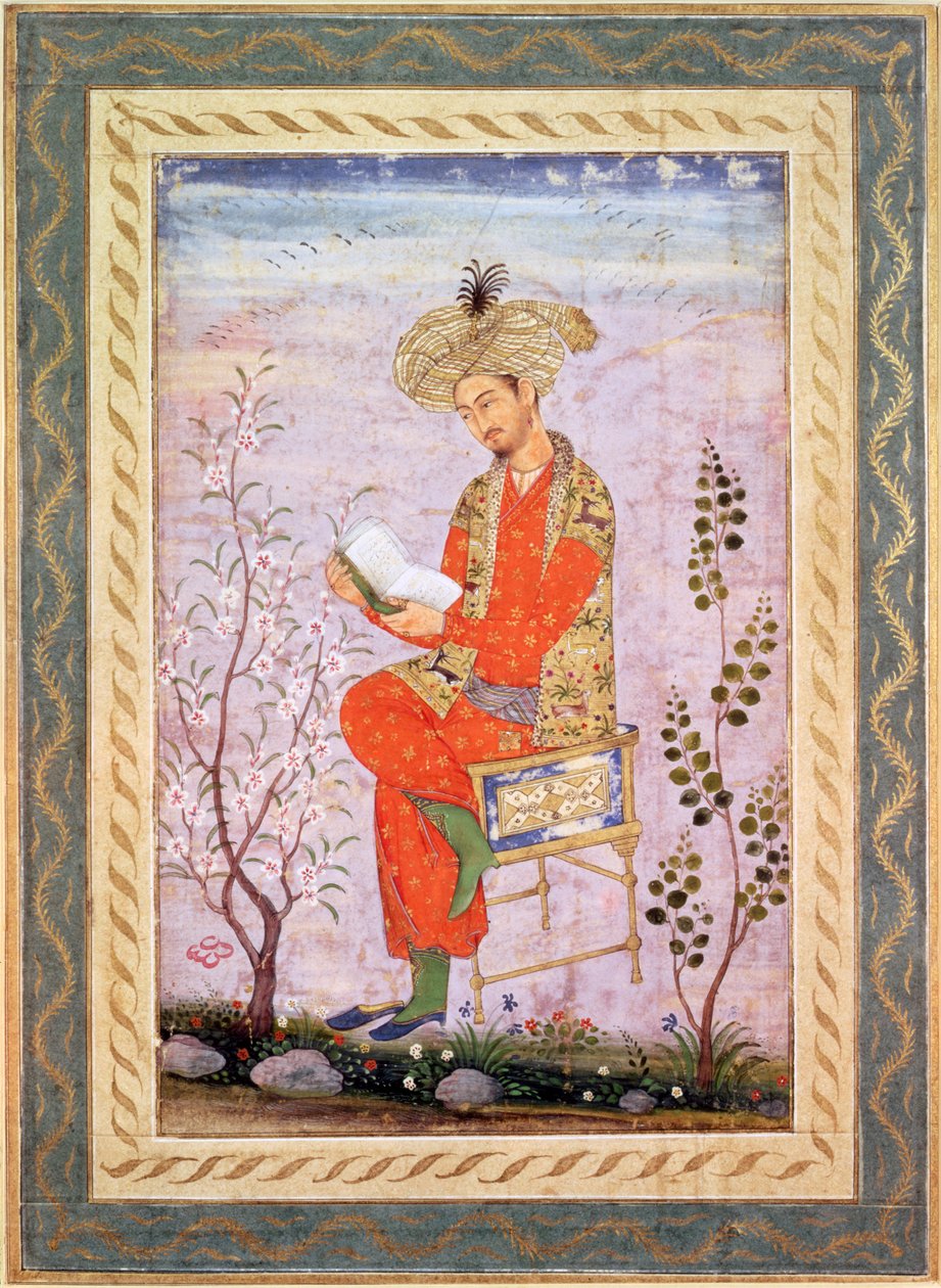 巴布尔（1526-30 年）阅读，莫卧儿（纸面水彩画） 作者 到目前为止
