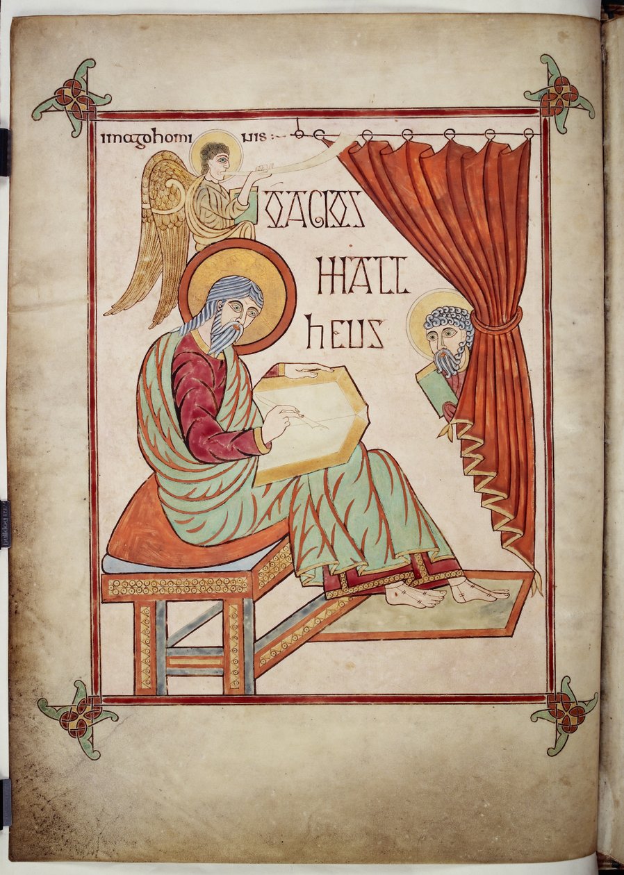 Cotton Nero D. IV, f.25v St. Matthew, writing, with his symbol, from Lindisfarne Gospels, 710-721 (vellum) 作者 林迪斯法恩·埃德弗里斯主教
