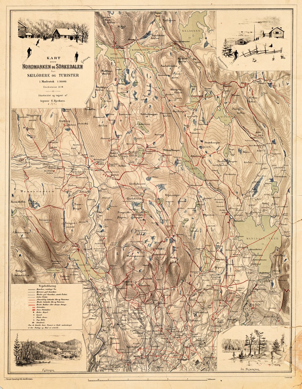 地图来自国家图书馆的地图集。该地图发表于（1890年），展示了Nordmarka，Sørkedalen 作者 Bjerknes