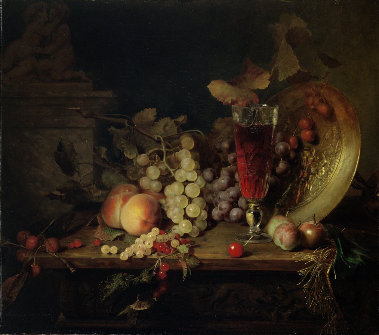 静物与水果，杯酒，1863年 作者 布莱斯（Blaise Alexandre Desgoffe）