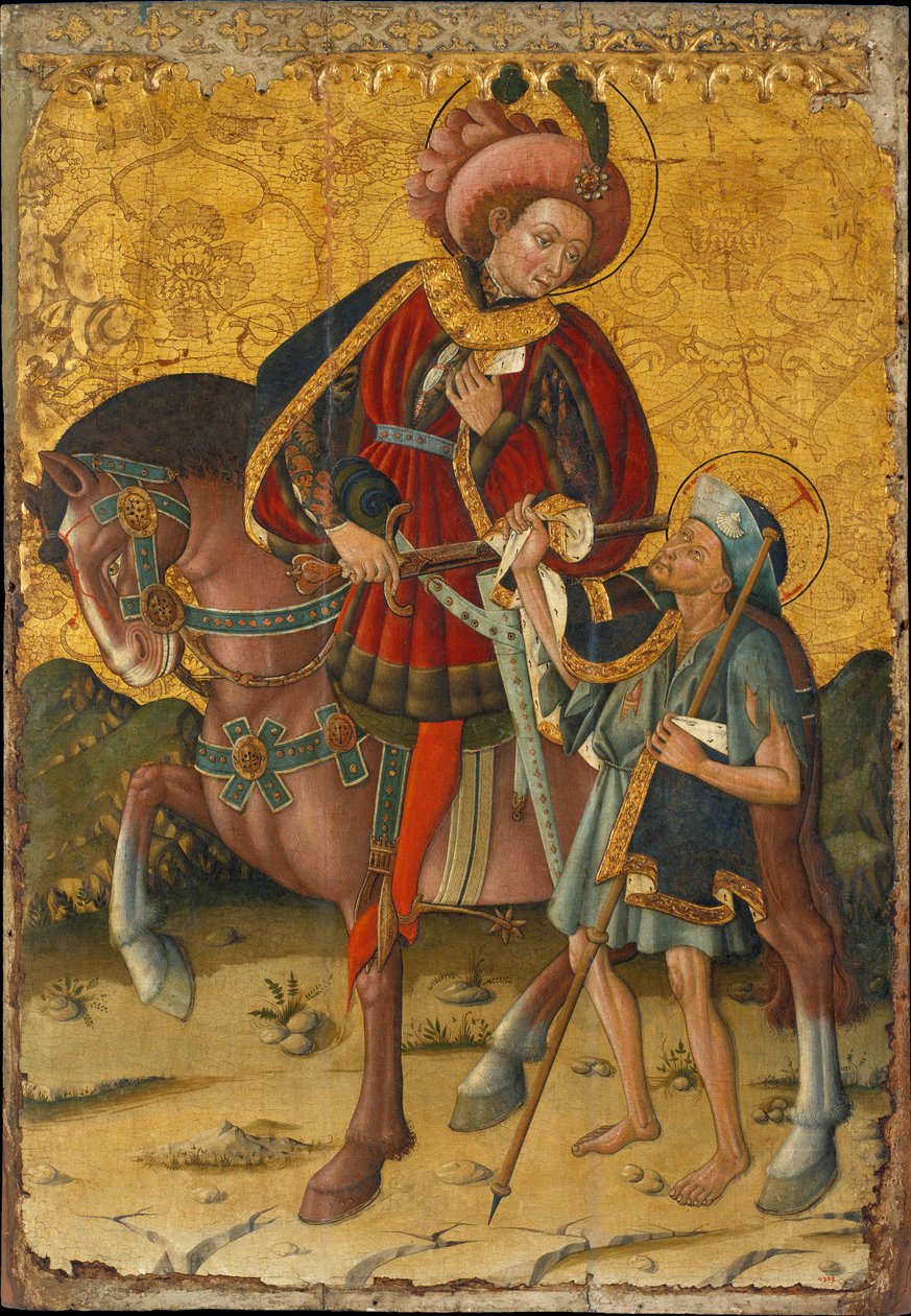图尔的圣马丁（或 Le Misericordieux）（316-397 年），割下斗篷与穷人分享 - Blasco de Granen (? -1459 年)的画作，木板上的钢笔画 (153,5x106 厘米)，约 1440 年 - Saint Martin Sharing his Cloak，Blasco de Granen 的木板上的钢笔画。 作者 Blasco de Granen