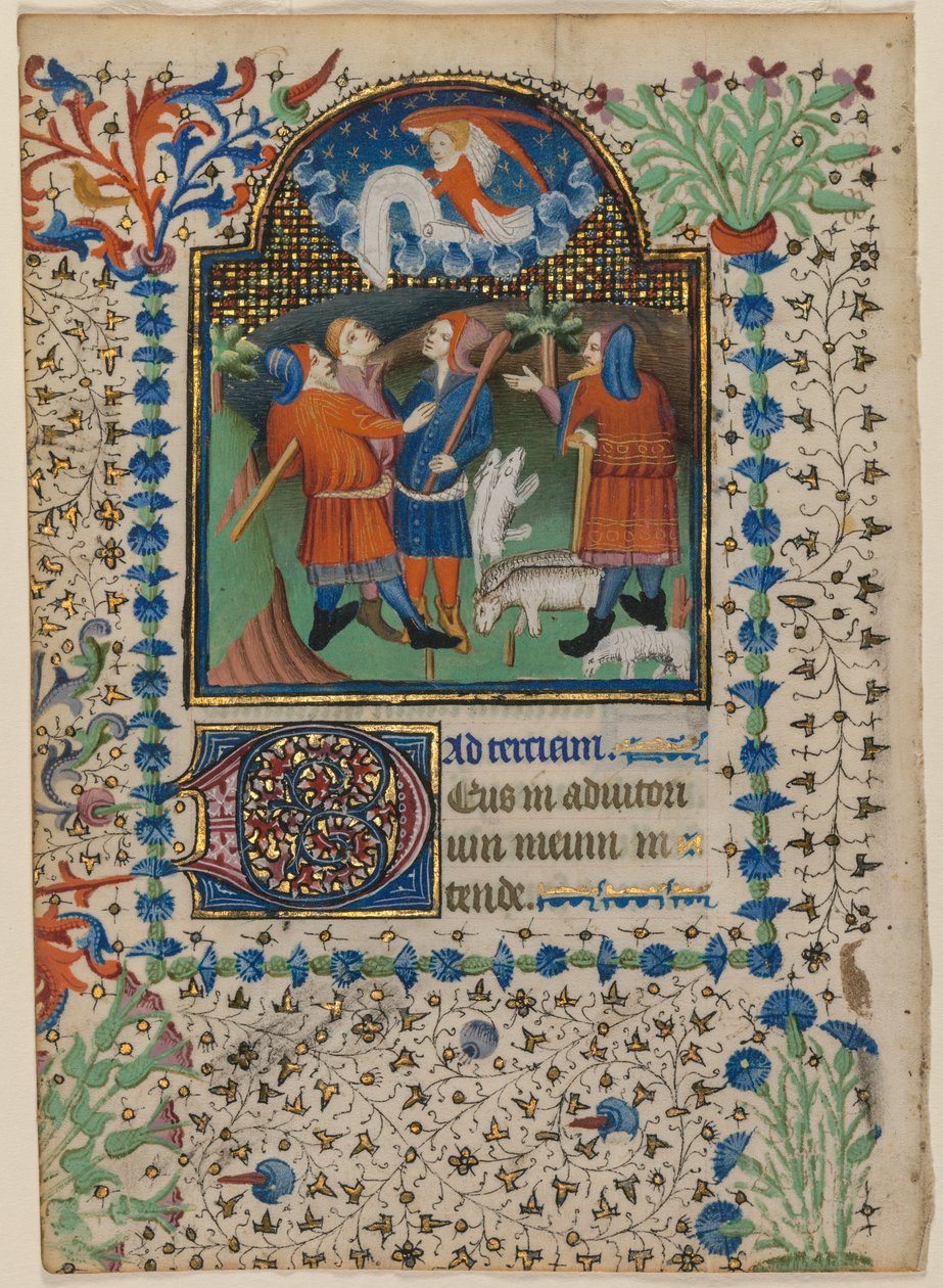 一本小时书的叶子。Annunciation to the Shepherds recto, 约1410-20。 作者 波伊修斯照明器