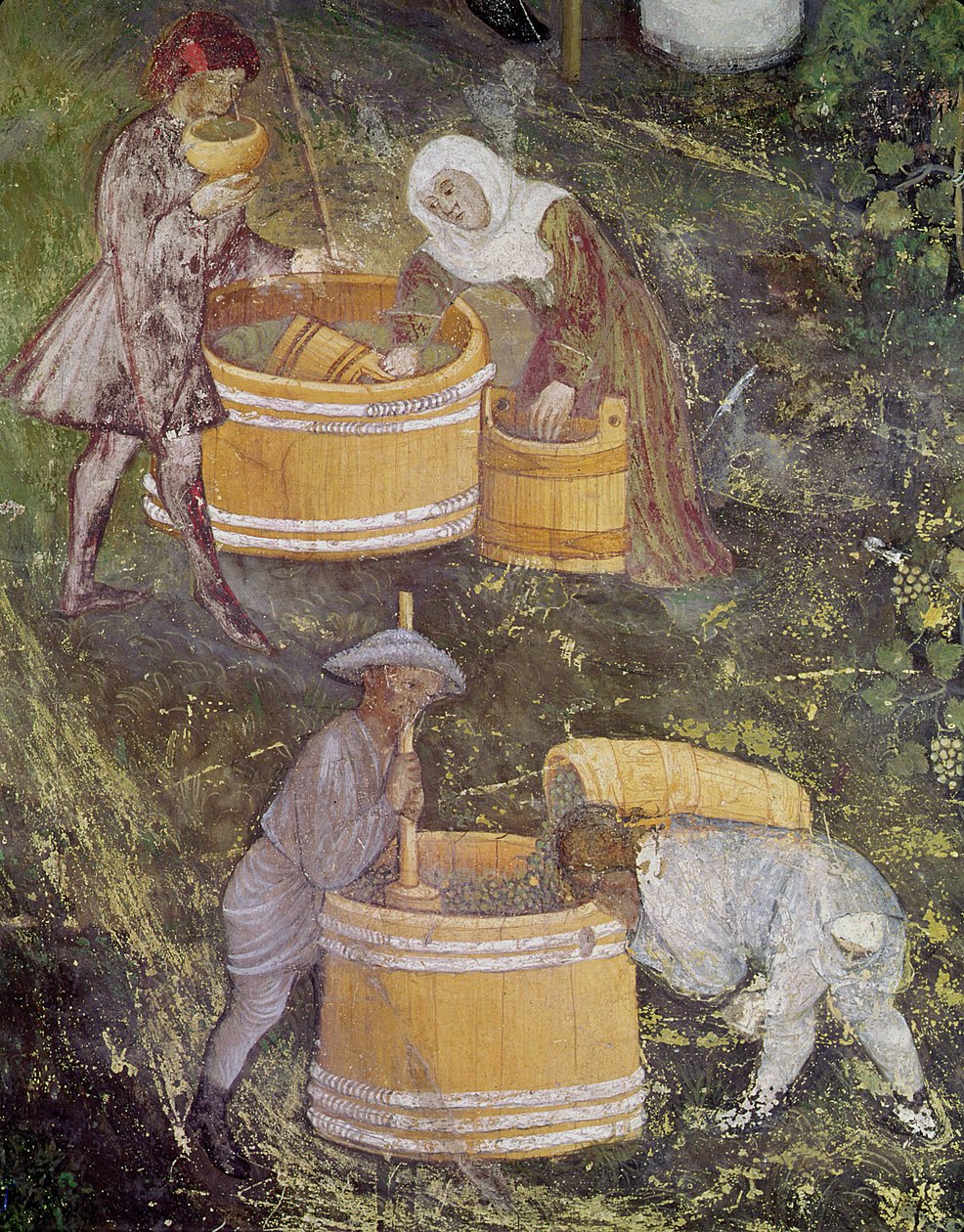 十月份，葡萄采摘和大桶的细节，c.1400 作者 波希米亚派