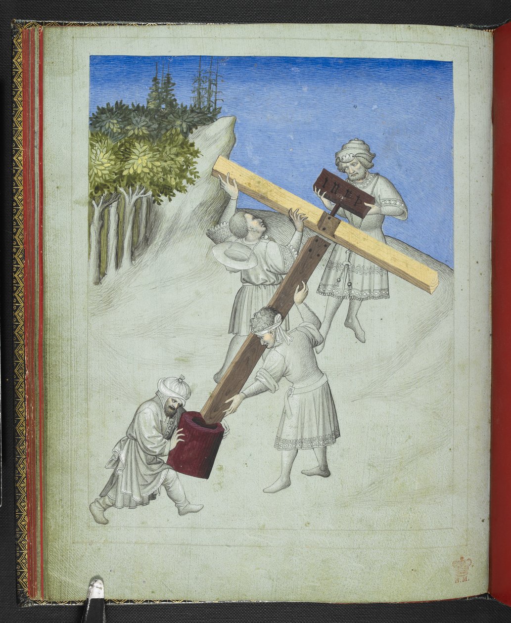Add24189，f.11v，基督十字架的组装，由四种不同类型的木材制成，以不同的颜色描绘，选自 "约翰-曼德维尔爵士游记画册"，约 1410 年（牛皮纸） 作者 波希米亚派