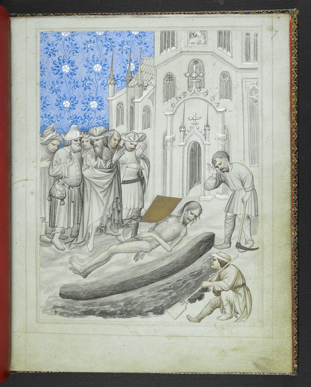 Add 24189，f.7r，赫尔墨斯-特里斯梅吉斯特斯墓的发现，选自 "约翰-曼德维尔爵士游记画册"，约 1410 年（牛皮纸）。 作者 波希米亚派