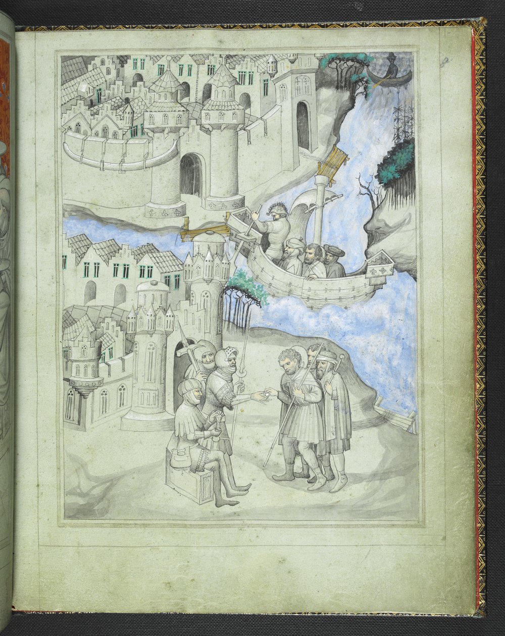 添加 24189 f.8 朝圣者接近城门，选自《约翰-曼德维尔爵士游记画册》，约 1410 年（牛皮纸）。 作者 波希米亚派