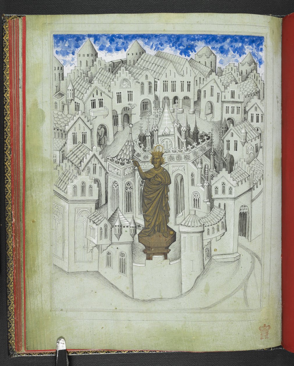 Add24189，f.9v，君士坦丁堡城，圣索菲亚大教堂前矗立着一座巨大的查士丁尼皇帝雕像，选自 "约翰-曼德维尔爵士游记画册"，约 1410 年（牛皮纸） 作者 波希米亚派