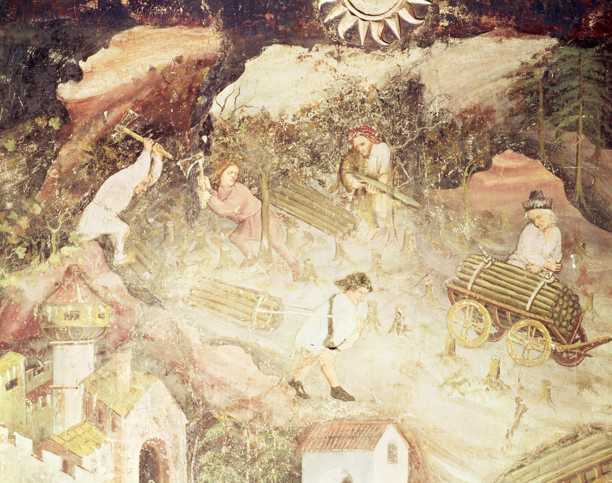 十二月份，砍伐树木的人的细节，c.1400（壁画） 作者 波希米亚派