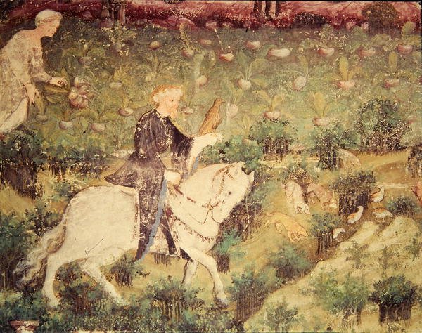 九月》，骑手与猎鹰的细节，约1400年（壁画 作者 波希米亚派