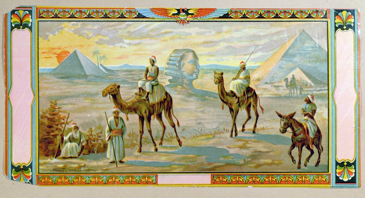 狮身人面像和金字塔，标签来自fez盒，c.1910 作者 波希米亚派