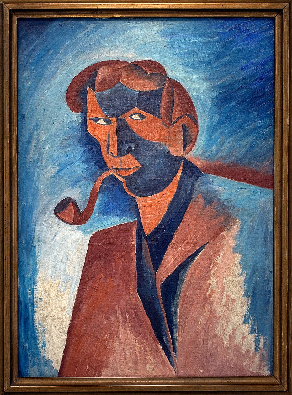 吸烟（自画像）。 Bohumil Kubista (1884-1918) 作画，布面油画 1910 年。20 世纪捷克艺术。 Veletrzni 宫（博览会宫），布拉格（捷克共和国）。 作者 BohumilKubišta