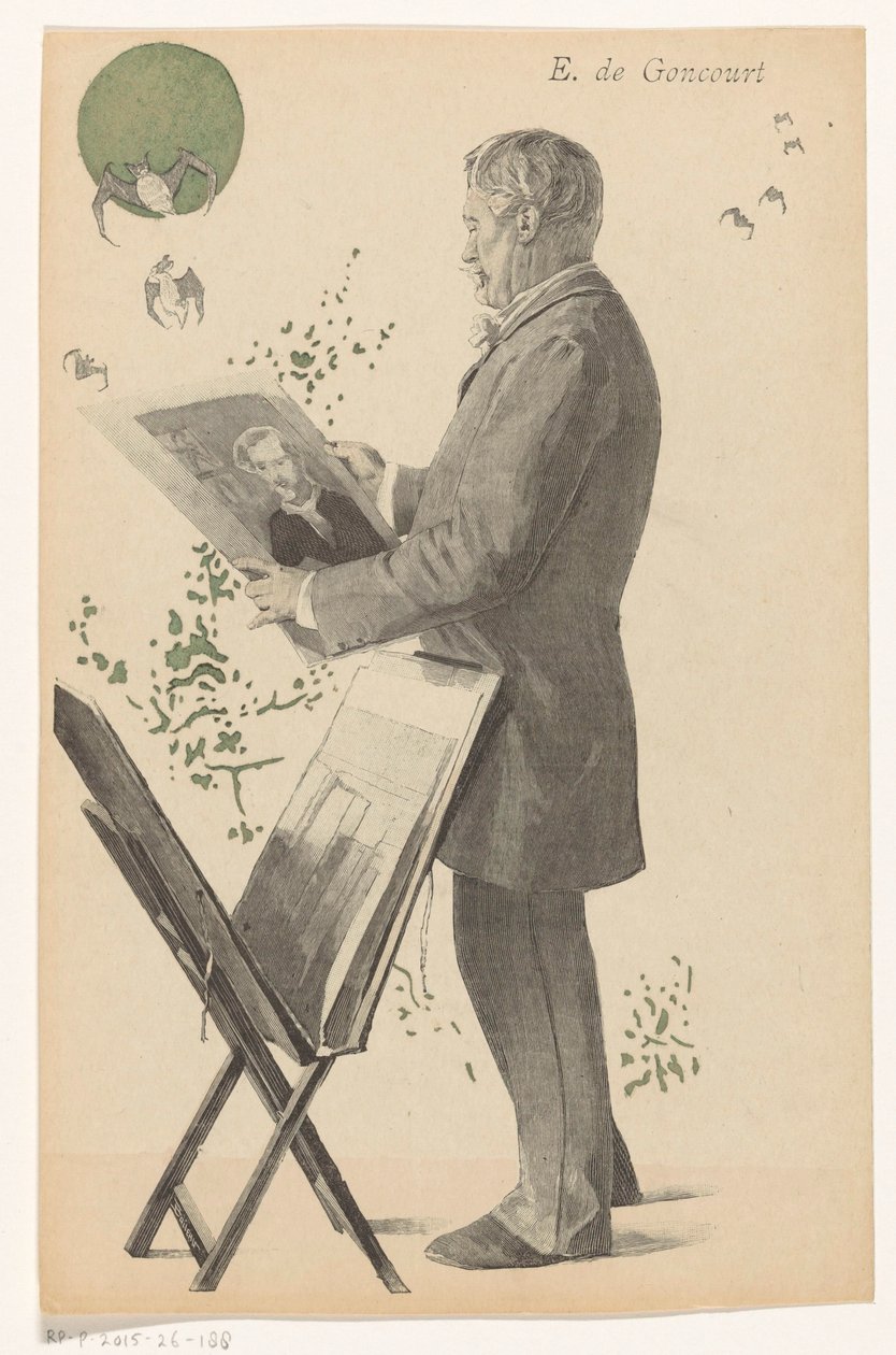 埃德蒙-德-龚古尔看着一幅版画，旁边是一个版画架
E. de Goncourt（物品上的标题） 作者 布洛