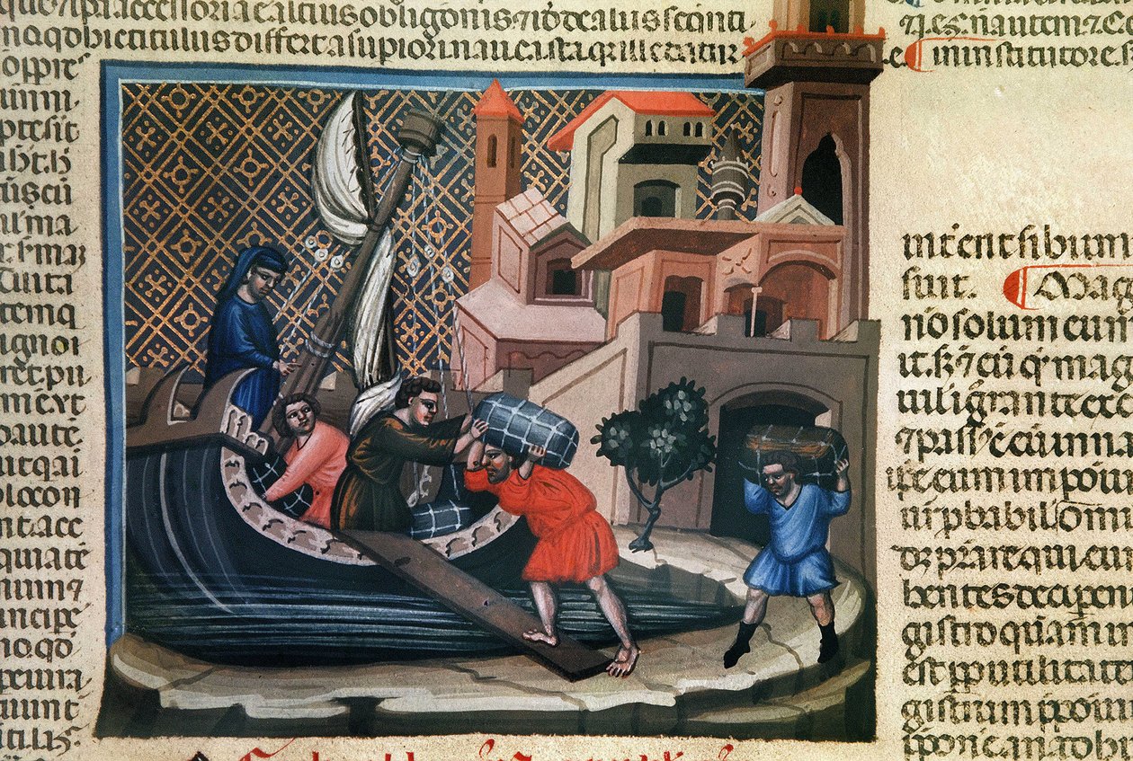 载于船舶上的货物，出自“ Justinian Institutes Fees and other”手稿，c.1300 作者 博洛涅塞学校