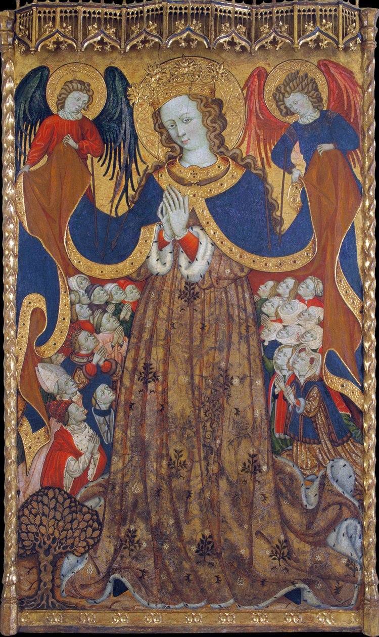 La Vierge de Misericorde - Peinture de Bonanat Zaortiga (actif 15eme siecle)，蛋彩画木头 (223x126.8 cm)，约 1430 年 - 慈悲圣母，蛋彩画面板由 Bonanat Zaortiga，约 1430 年 - 加泰罗尼亚国家艺术博物馆，巴塞罗那 作者 Bonanat Zaortiga