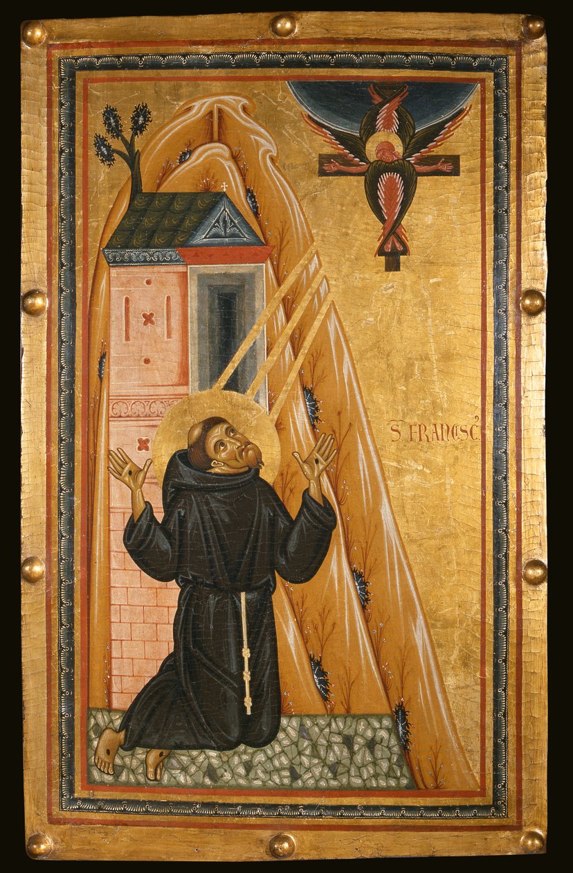 圣弗朗西斯在13世纪中期获得了耻辱（木材上的蛋彩画） 作者 Bonaventura Berlinghieri