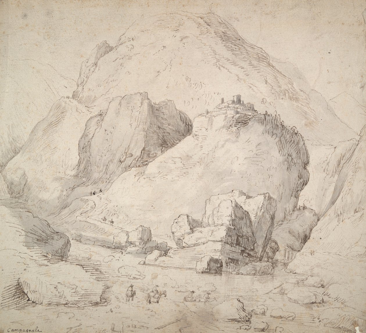 山间风景，前景为骑马人物 作者 Bonaventura Peeters