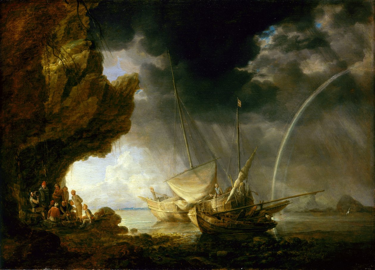 海景，水手们在躲避暴雨，17 世纪中叶（油画板） 作者 Bonaventura Peeters