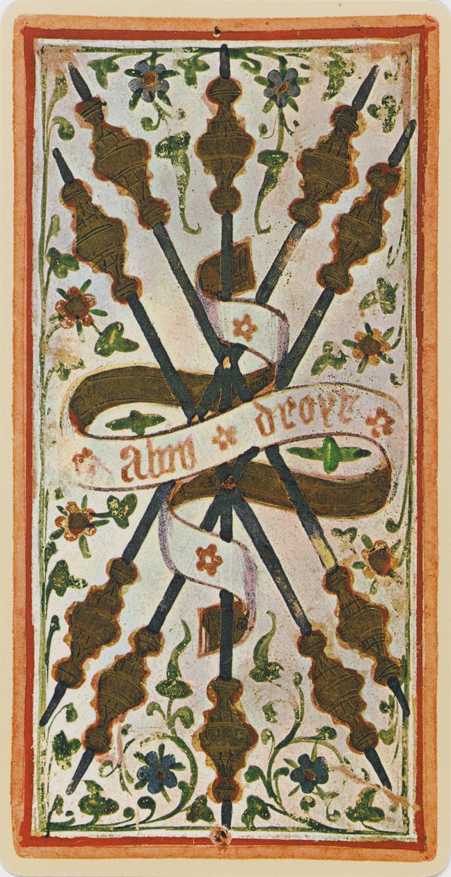 五个魔杖，来自&39;Visconti&39;牌组的塔罗牌的传真，1441-47 作者 博尼法西奥·本博