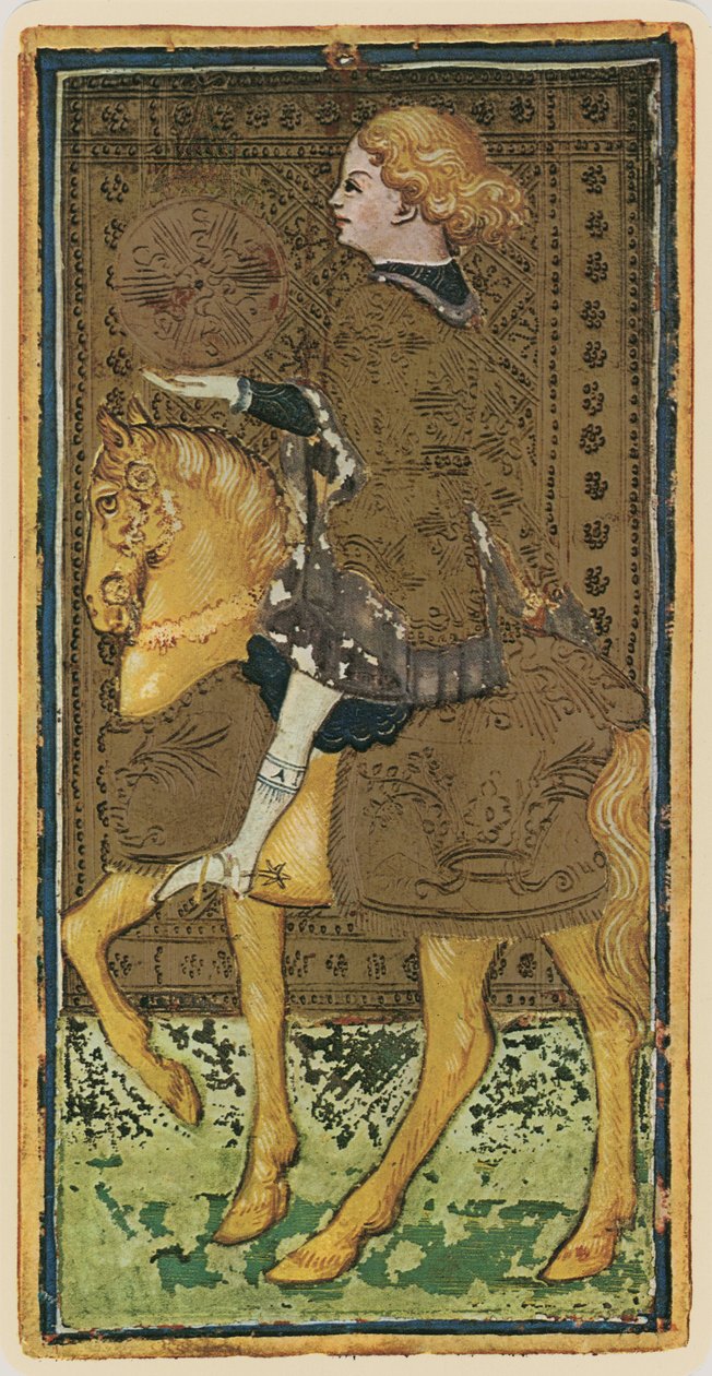 硬币骑士，来自&39;Visconti&39;牌组的塔罗牌的传真，1441-47 作者 博尼法西奥·本博