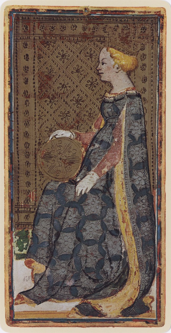 硬币女王，来自&39;Visconti&39;甲板的塔罗牌的传真，1441-47 作者 博尼法西奥·本博